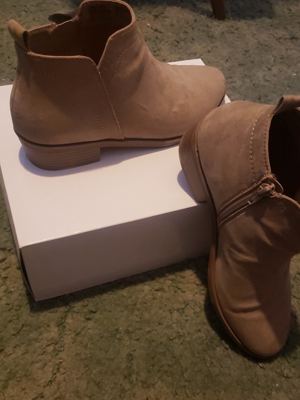 Time and Tru Taupe Suede Ankle Booties with Low Stacked Heel